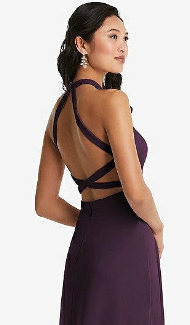 Dessy 3082 Stand Collar Halter Dress with Criss Cross Open-Back..Aubergine..Sz 2