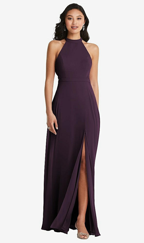 Dessy 3082 Stand Collar Halter Dress with Criss Cross Open-Back..Aubergine..Sz 2