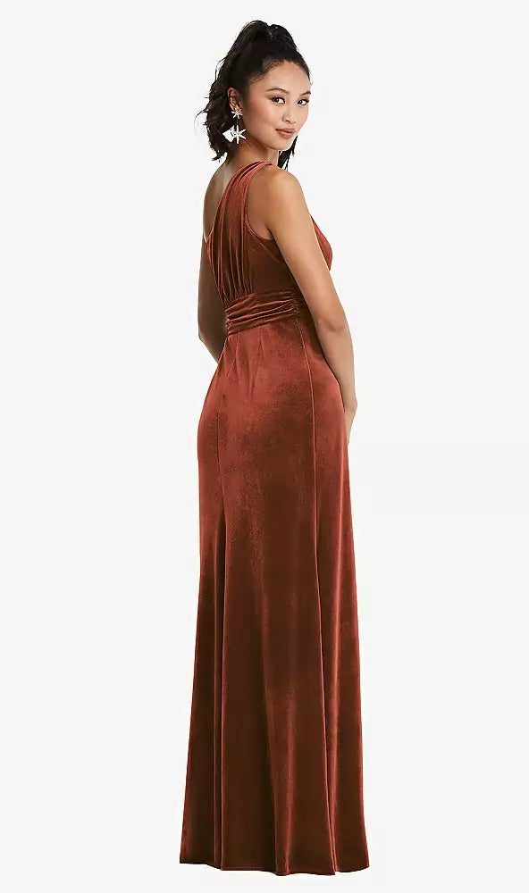 Dessy TH059....One-Shoulder Draped Velvet Maxi Dress....Auburn Moon...Size 4