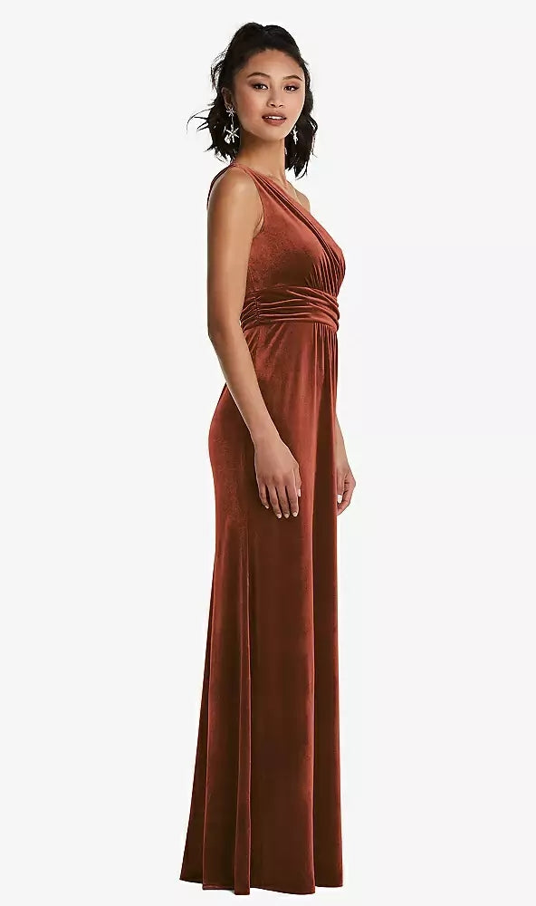 Dessy TH059....One-Shoulder Draped Velvet Maxi Dress....Auburn Moon...Size 4