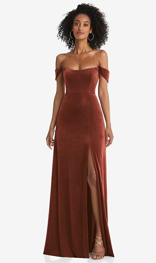 After Six 1551....Off-the-Shoulder Flounce Sleeve Velvet Dress...Auburn...Sz 8