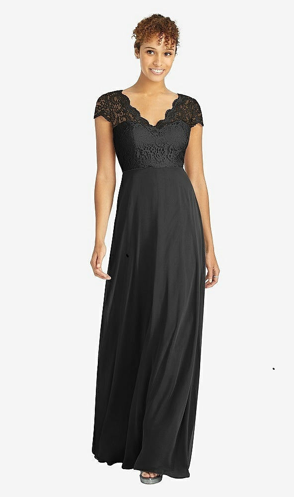 Dessy 3033...Cap Sleeve Illusion-Back Lace and Chiffon Dress....Black