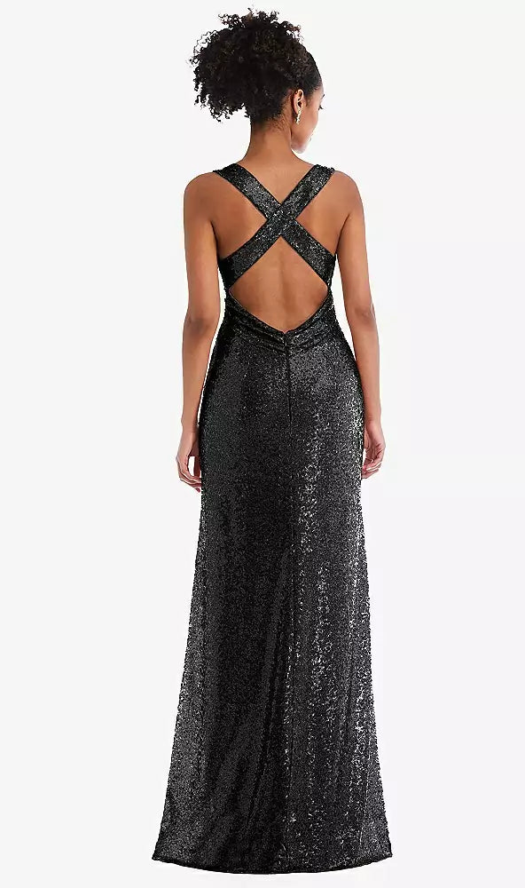 Open-Neck Criss Cross Back Sequin Maxi Dress in Black....TH081....Size XL