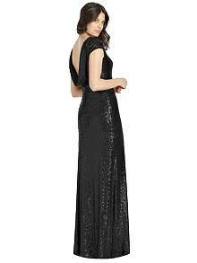 Dessy 3043...Cap Sleeve Cowl-Back Sequin Gown with Front Slit...Black...Sz 18