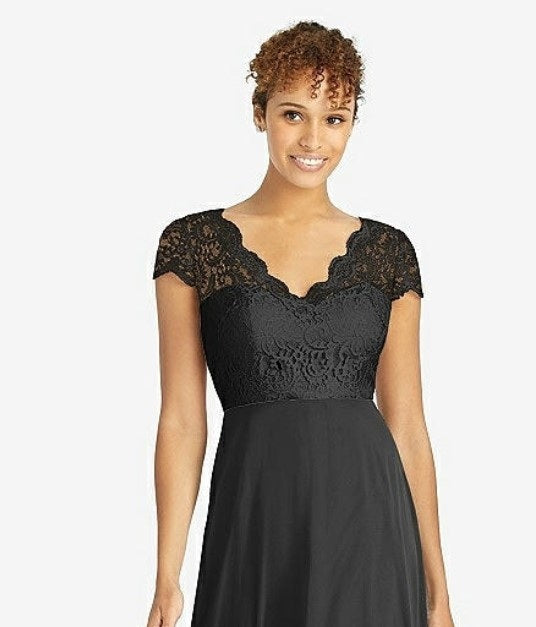 Dessy 3033...Cap Sleeve Illusion-Back Lace and Chiffon Dress....Black