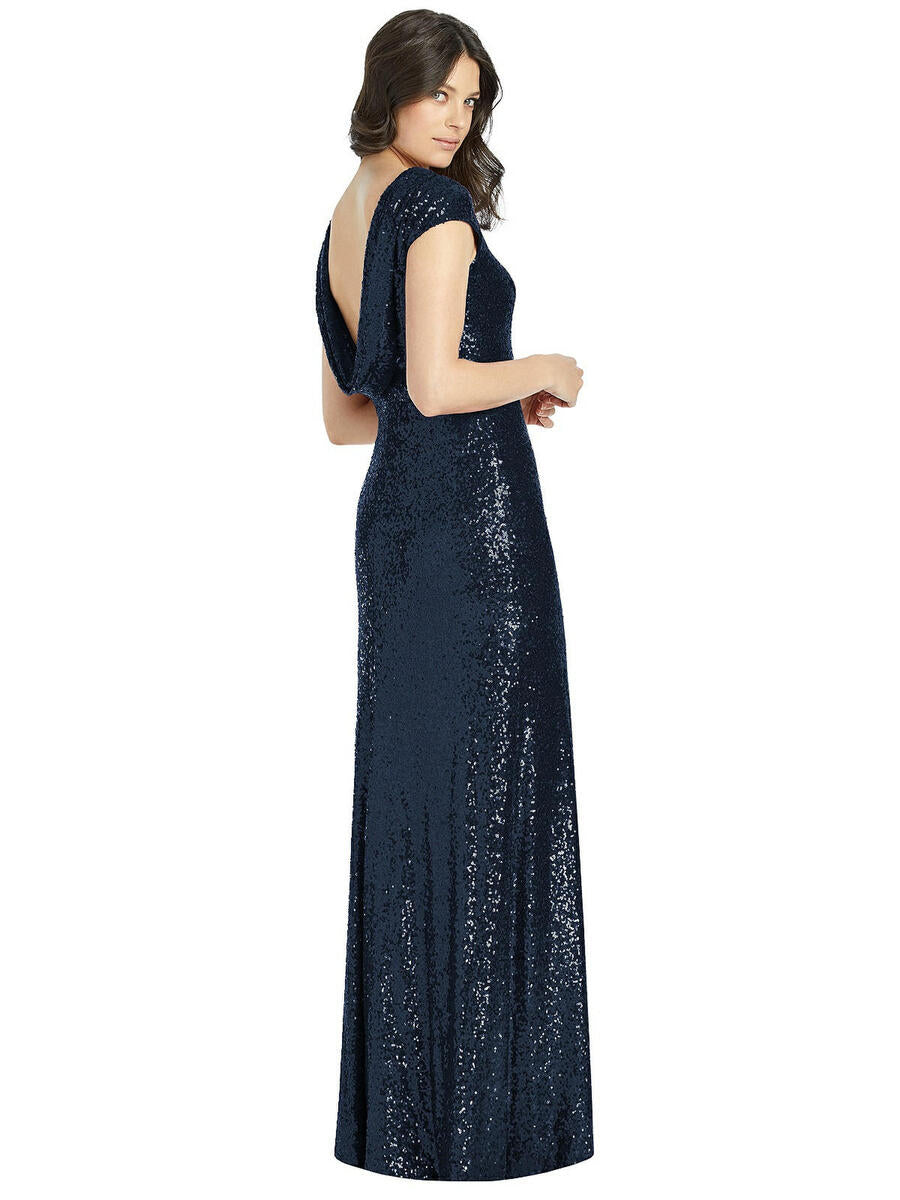 Dessy 3043...Cap Sleeve Cowl-Back Sequin Gown with Front Slit...Black...Sz 18