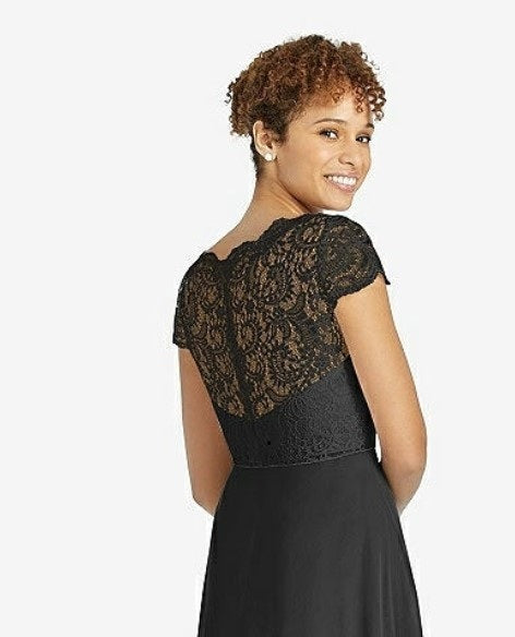 Dessy 3033...Cap Sleeve Illusion-Back Lace and Chiffon Dress....Black