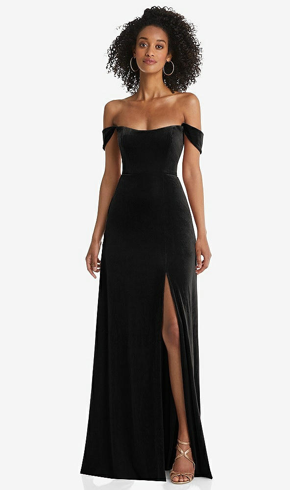After Six 1551..Off-the-Shoulder Flounce Sleeve Velvet Maxi Dress..Black...Sz 2