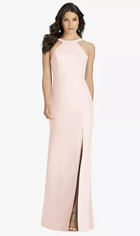 Dessy 3039......High-Neck Backless Crepe Trumpet Gown....Blush...Size 6