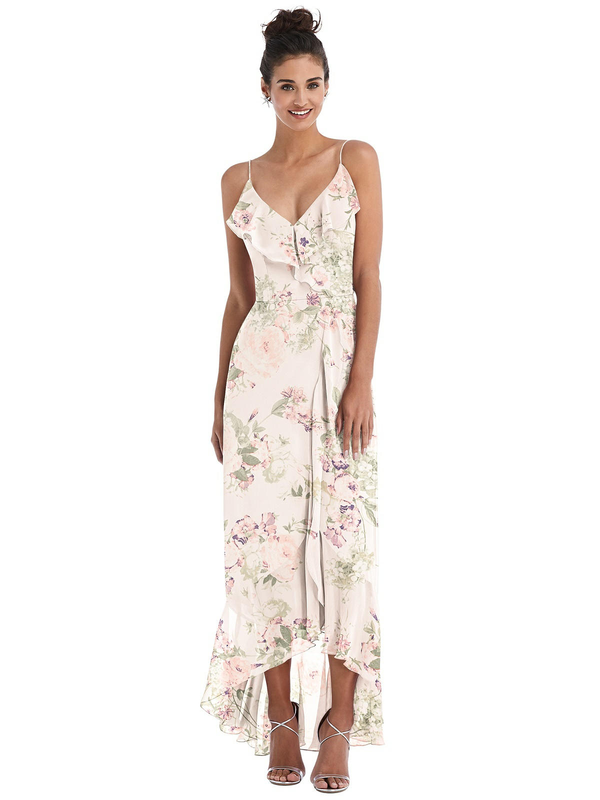 Ruffle-Trimmed V-Neck High Low Wrap Dress...TH040...Blush Garden...Size 12