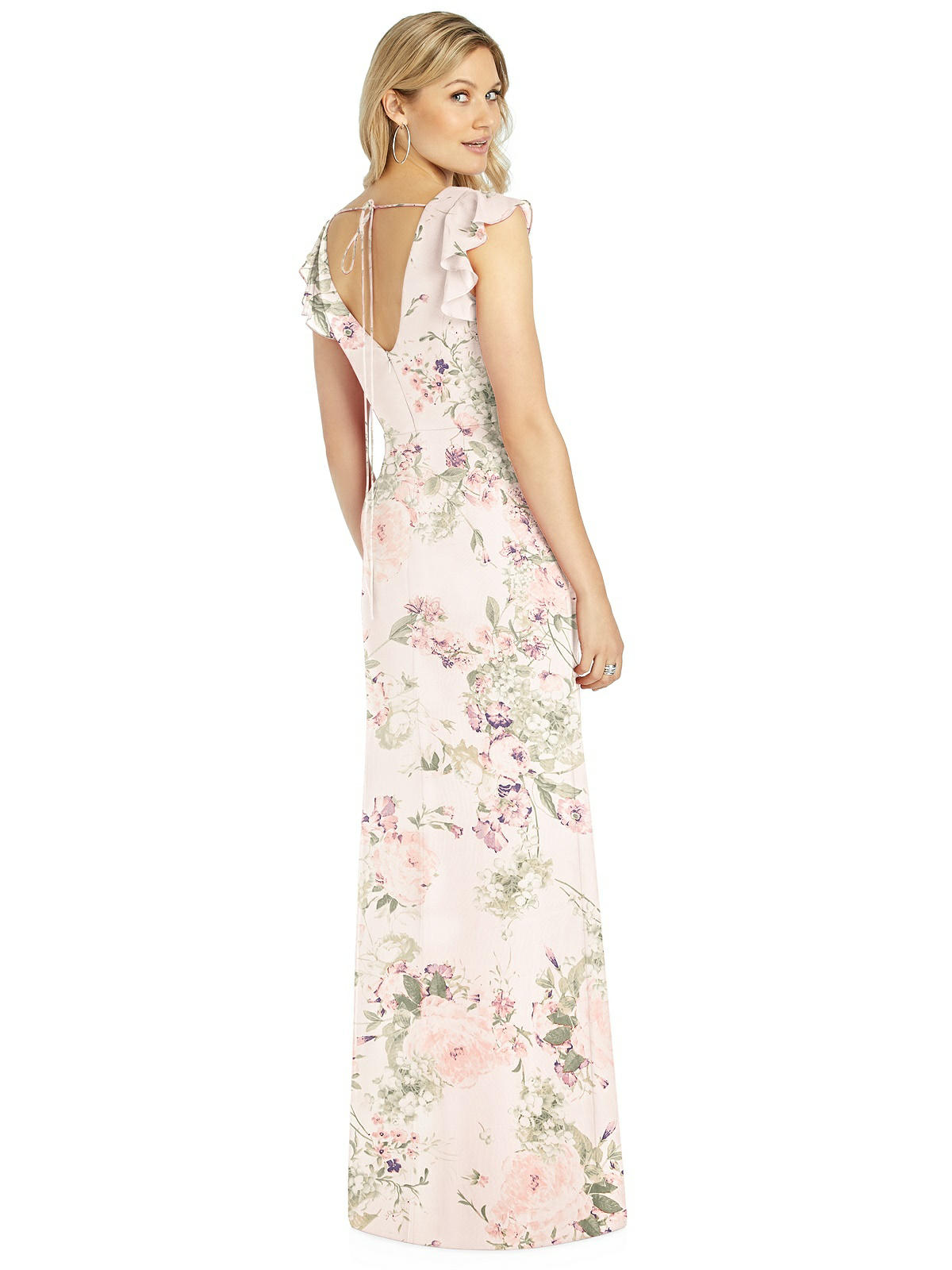 After six 6810..Ruffled Sleeve Mermaid Dress w/ Front Slit..Blush Garden..Sz 14