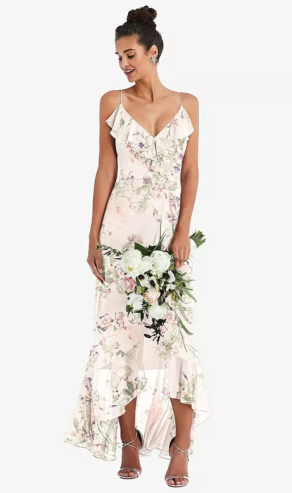 Ruffle-Trimmed V-Neck High Low Wrap Dress...TH040...Blush Garden...Size 12