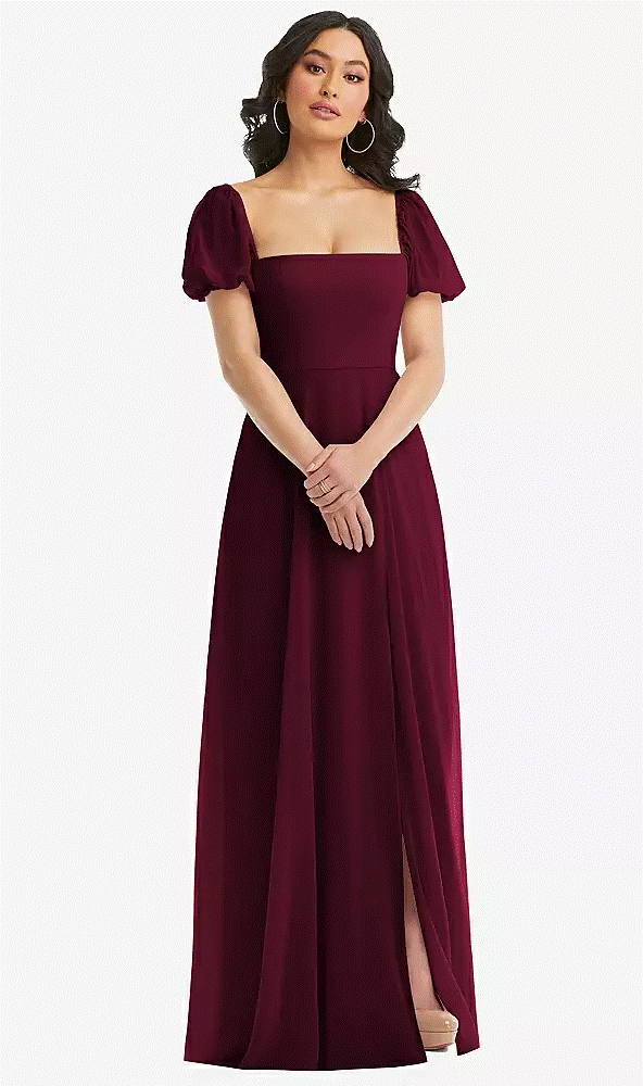 After Six 1567..Puff Sleeve Chiffon Maxi Dress with Front Slit..Cabernet..Size 6
