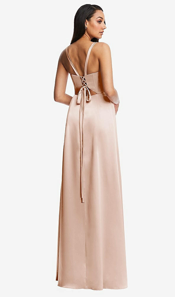 After Six 6874..Lace Up Tie-Back Corset Maxi Dress with Front Slit..Cameo..Sz 4