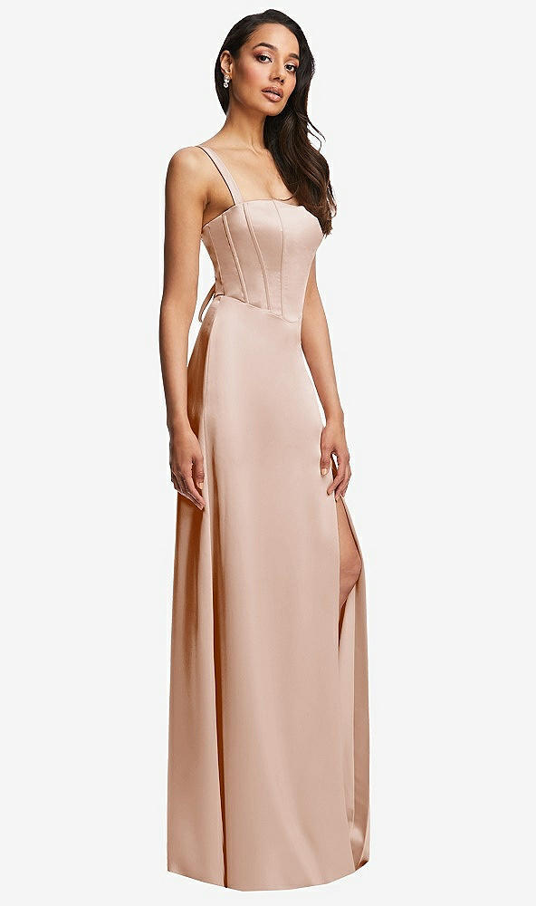 After Six 6874..Lace Up Tie-Back Corset Maxi Dress with Front Slit..Cameo..Sz 4