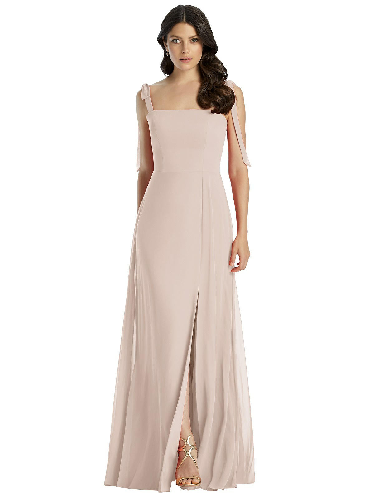 Dessy 3042...Tie-Shoulder Chiffon Maxi Dress with Front Slit...Cameo...Size 2
