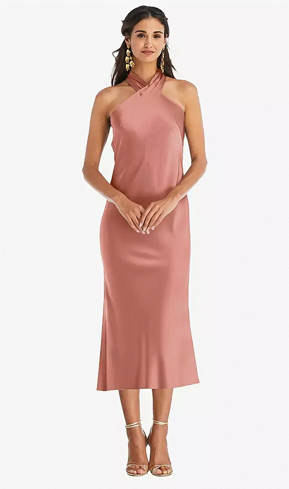 Dessy LB026...Draped Twist Halter Tie-Back Midi Dress...Desert Rose...Size L