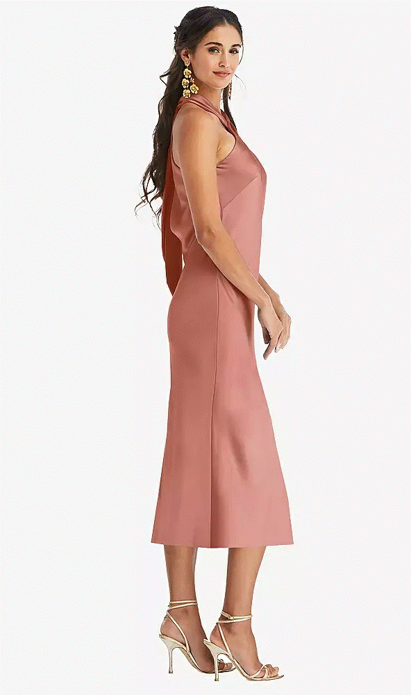Dessy LB026...Draped Twist Halter Tie-Back Midi Dress...Desert Rose...Size L