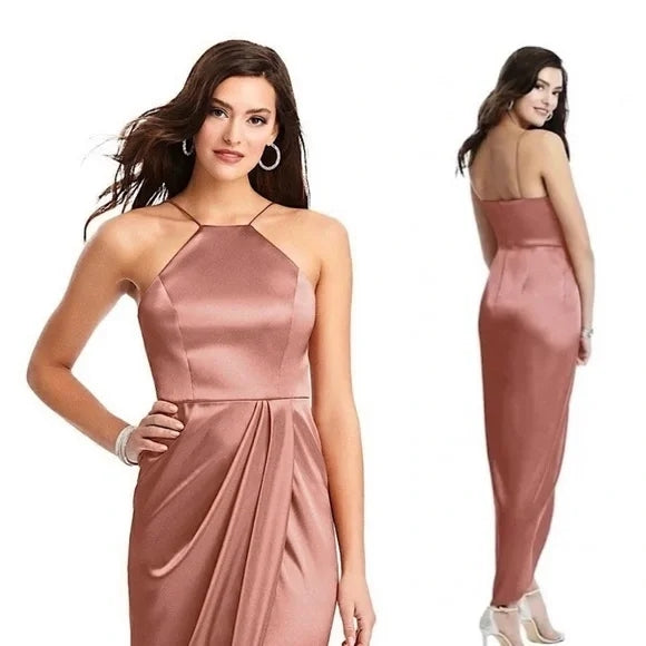 After Six 6829...Halter Midi Dress with Draped Tulip Skirt...Desert Rose..Sz 12