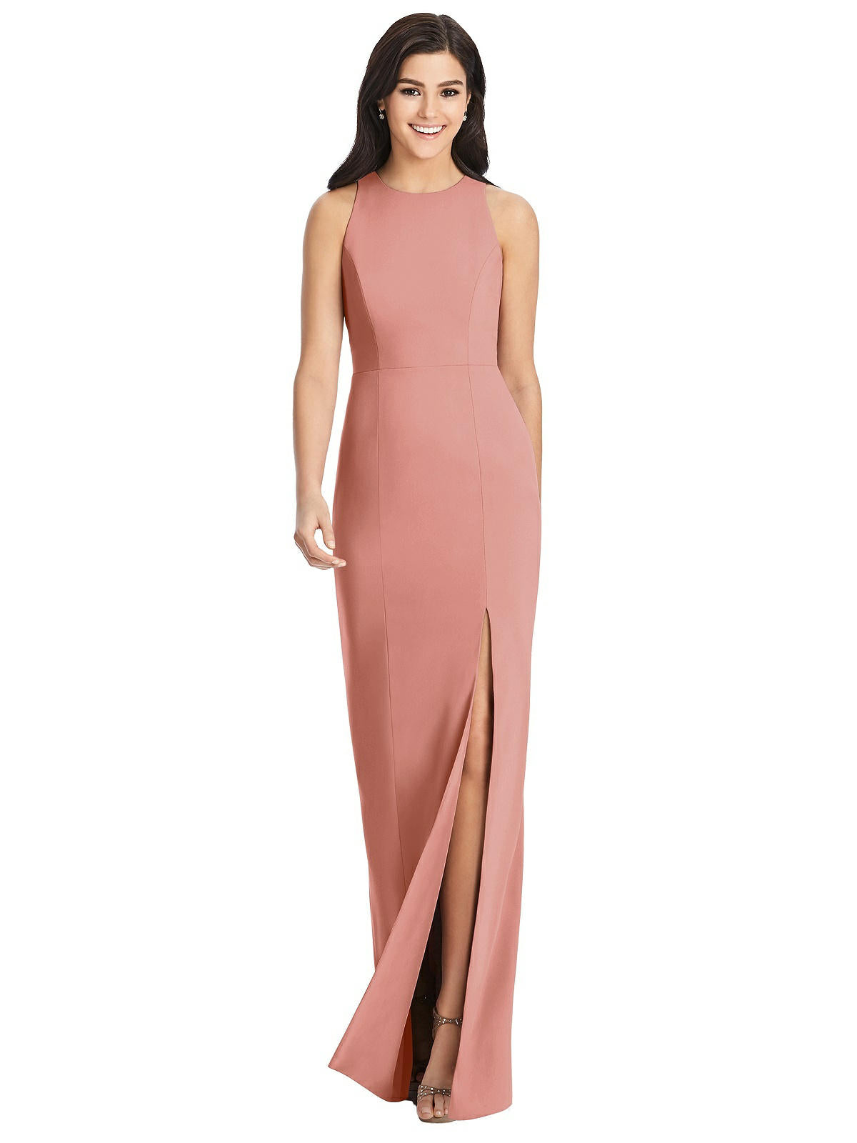 Dessy 3029..Diamond Cutout Back Trumpet Gown with Front Slit..Desert Rose..Sz 0