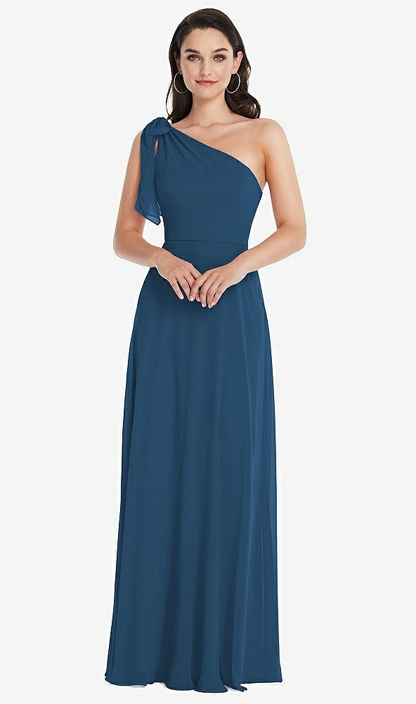 After Six 1561..Draped One-Shoulder Maxi Dress with Scarf Bow..Dusk Blue..Sz 2