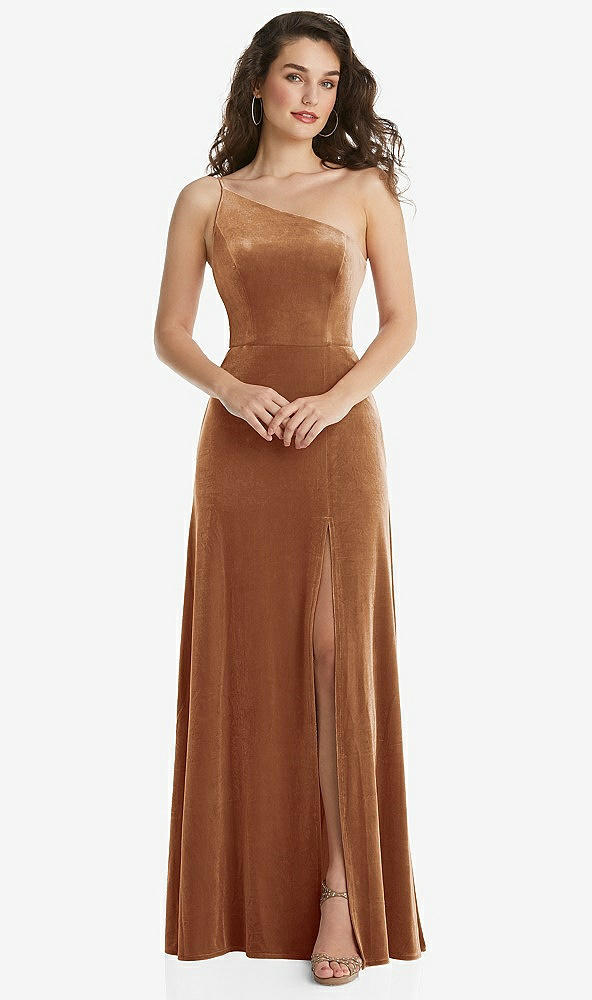 After Six 1556..One-Shoulder Spaghetti Strap Velvet Dress...Golden Almond..Sz 10