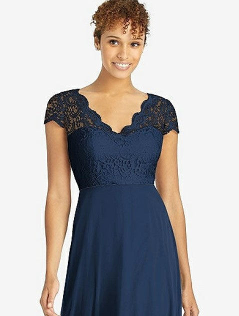 Dessy 3033...Cap Sleeve Illusion-Back Lace and Chiffon Dress...Midnight..Sz 4
