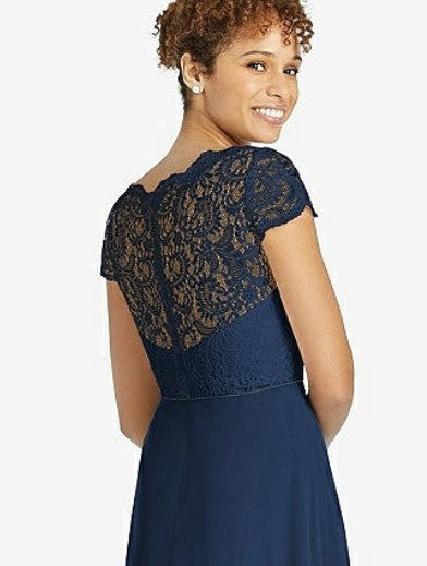 Dessy 3033...Cap Sleeve Illusion-Back Lace and Chiffon Dress...Midnight..Sz 16