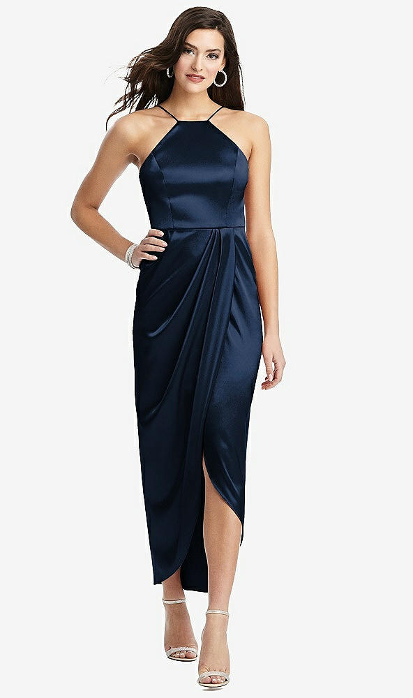 After Six 6829...Halter Midi Dress with Draped Tulip Skirt....Midnight....Sz 2