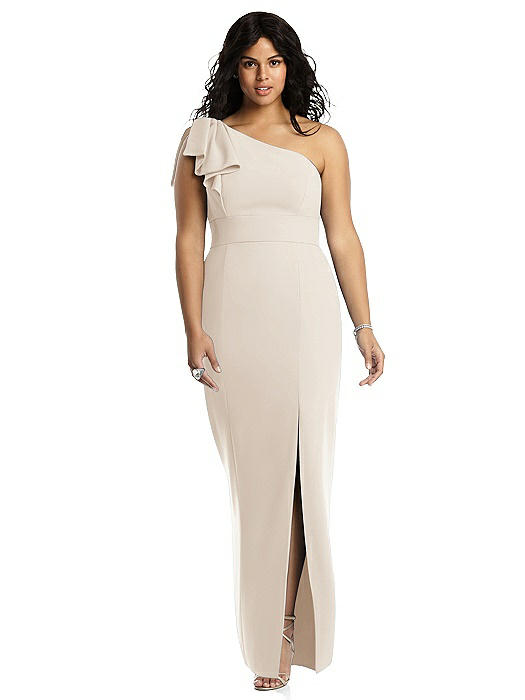 After Six 6769...Bowed One-Shoulder Trumpet Gown...Oat....Size 6