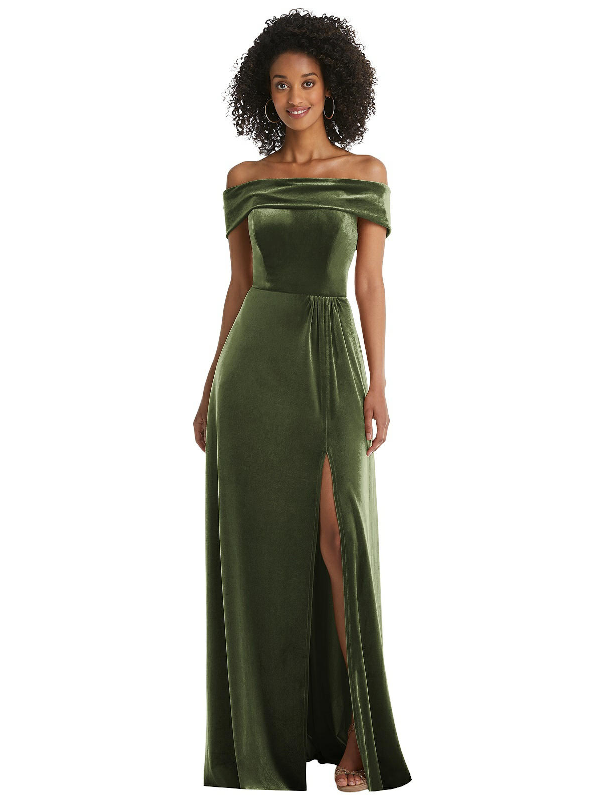 Draped Cuff Off-the-Shoulder Velvet Maxi Dress....1554...Olive Green...Size 14L