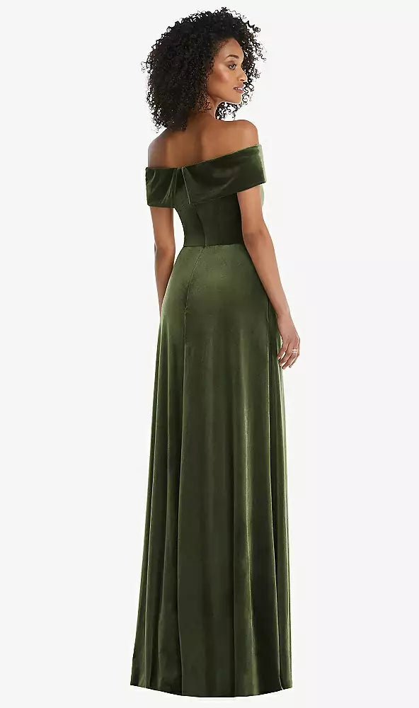 Draped Cuff Off-the-Shoulder Velvet Maxi Dress....1554...Olive Green...Size 14L