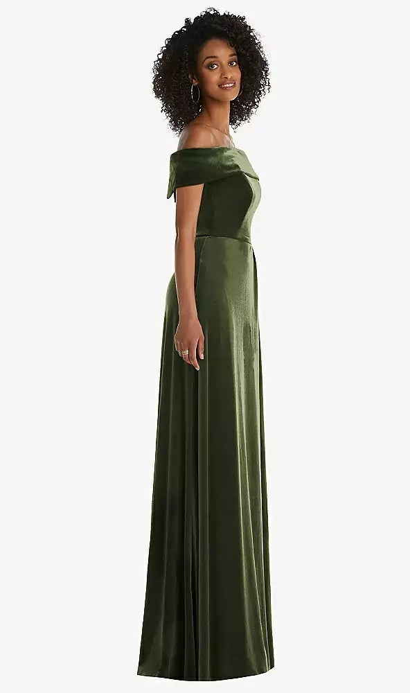 Draped Cuff Off-the-Shoulder Velvet Maxi Dress....1554...Olive Green...Size 14L