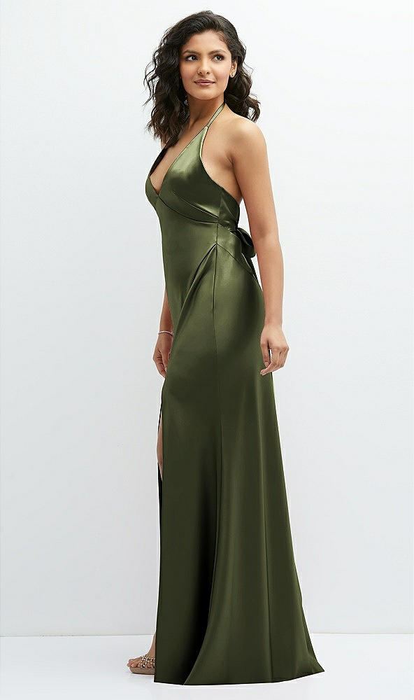 After Six 6885..Open-Back Maxi Bias Dress with Low Tie Back...Olive Green..Sz XS