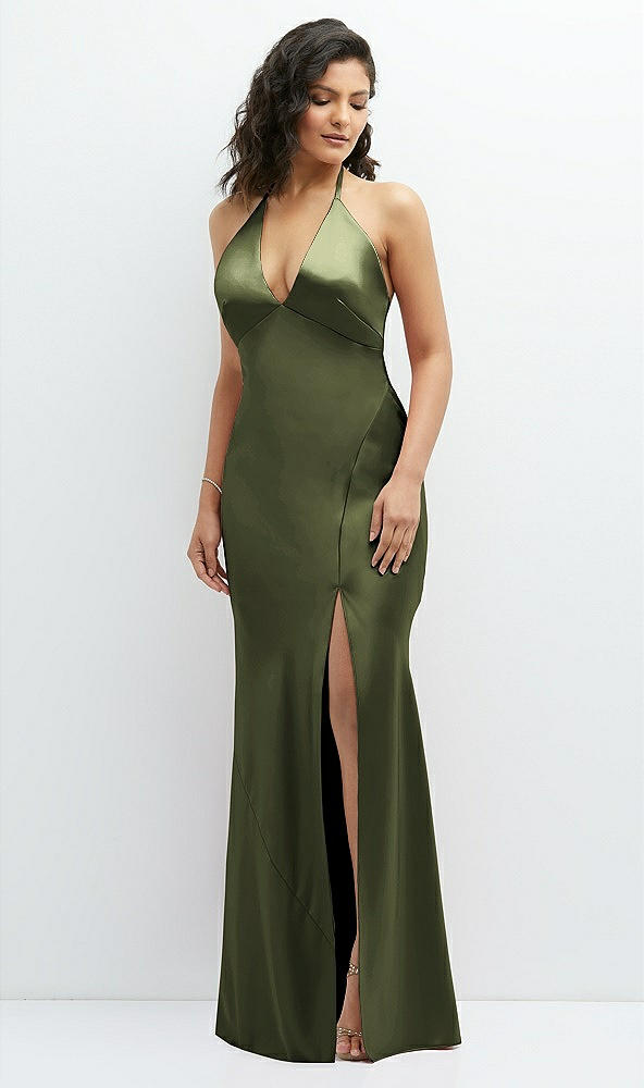 After Six 6885..Open-Back Maxi Bias Dress with Low Tie Back...Olive Green..Sz XS