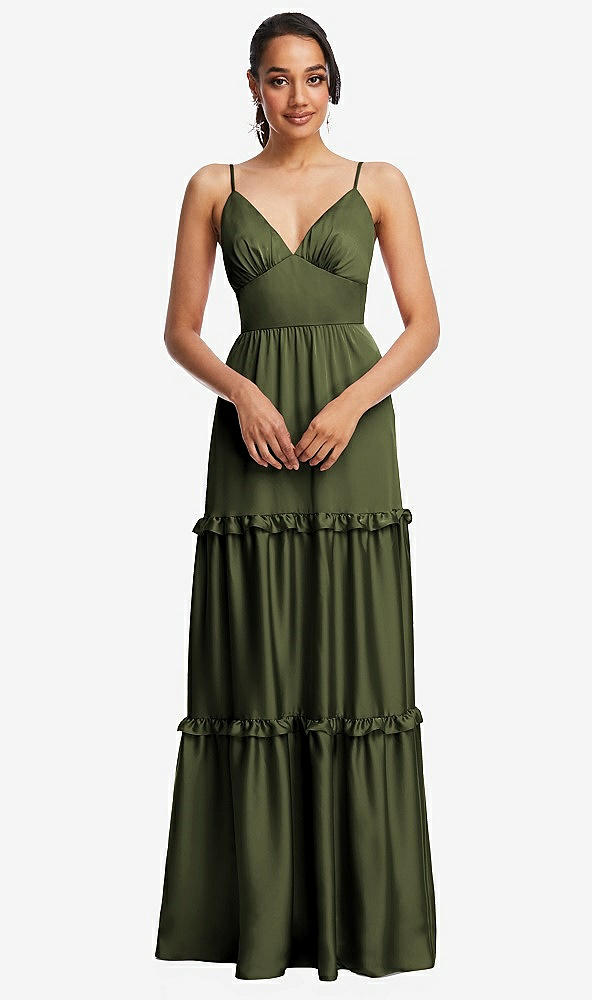 TH116..Low-Back Triangle Dress with Ruffle-Trimmed Tiered Skirt...Green..Size S