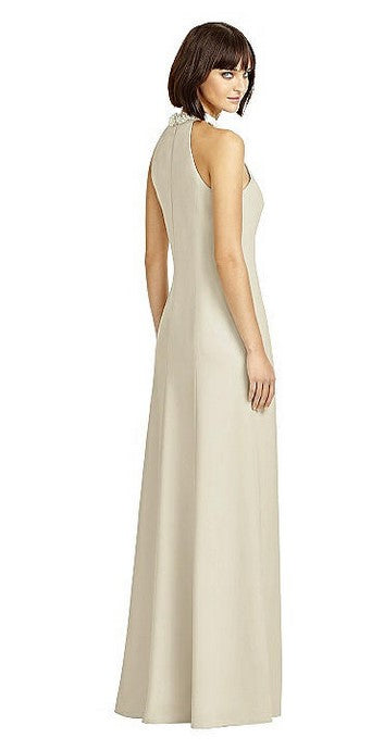 Dessy 2971.....Full Length Crepe Halter Neckline Dress....Palomino...Sz 4