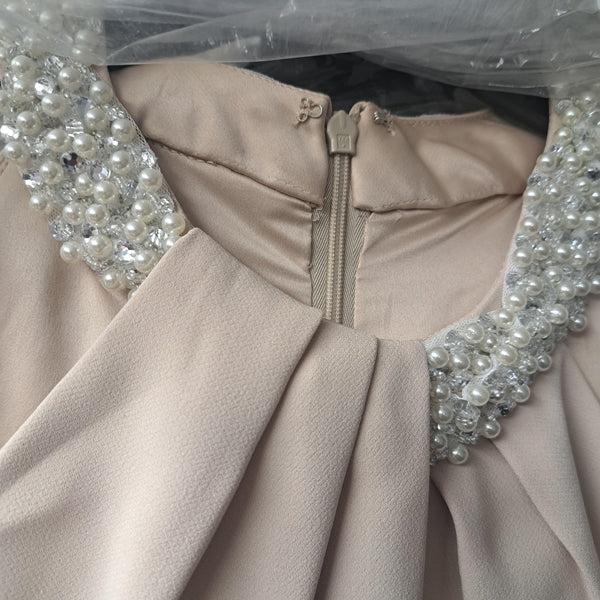 Dessy 2971.....Full Length Crepe Halter Neckline Dress....Palomino...Sz 18