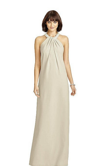 Dessy 2971.....Full Length Crepe Halter Neckline Dress....Palomino...Sz 4