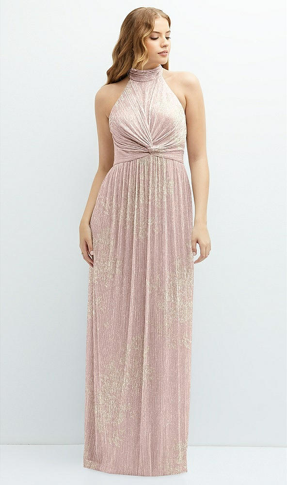 After Six 6882....Band Collar Halter Metallic Pleated Dress...Pink Gold...Sz S