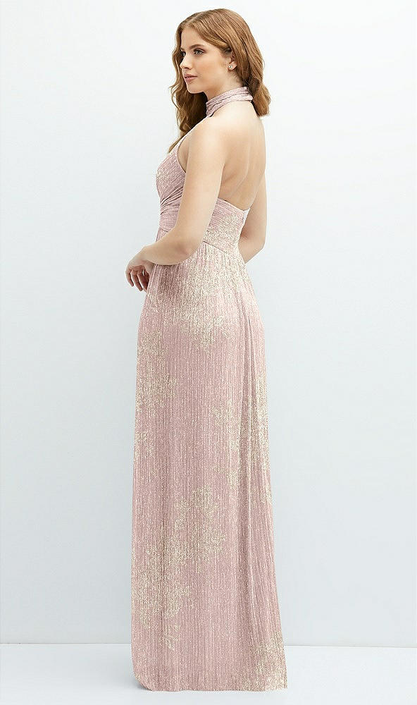 After Six 6882....Band Collar Halter Metallic Pleated Dress...Pink Gold...Sz S