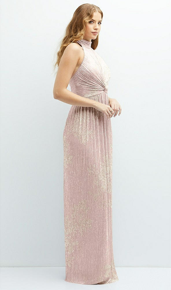 After Six 6882....Band Collar Halter Metallic Pleated Dress...Pink Gold...Sz S