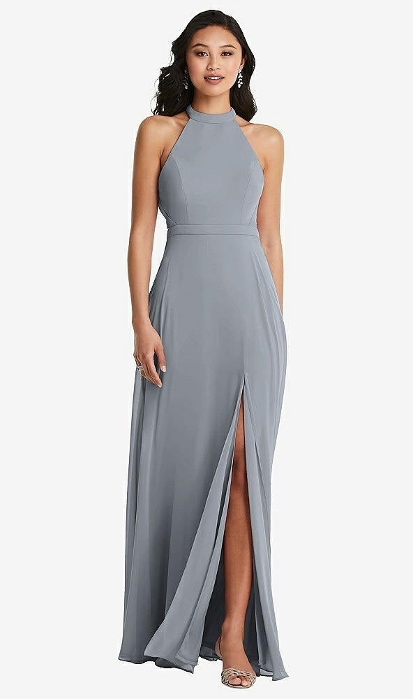 Dessy 3082..Stand Collar Halter Dress with Criss Cross Open-Back..Platinum..Sz 4