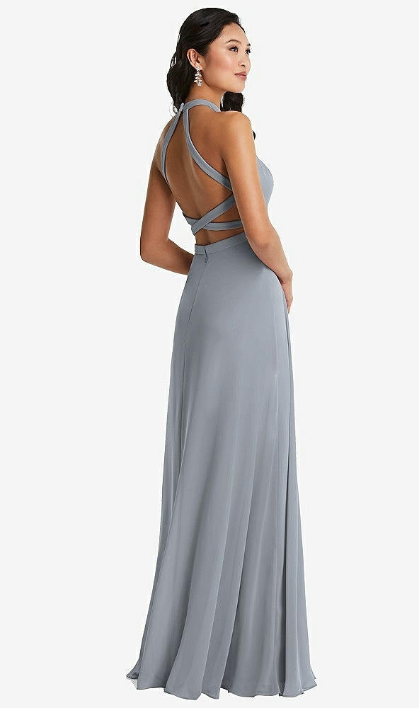 Dessy 3082..Stand Collar Halter Dress with Criss Cross Open-Back..Platinum..Sz 4
