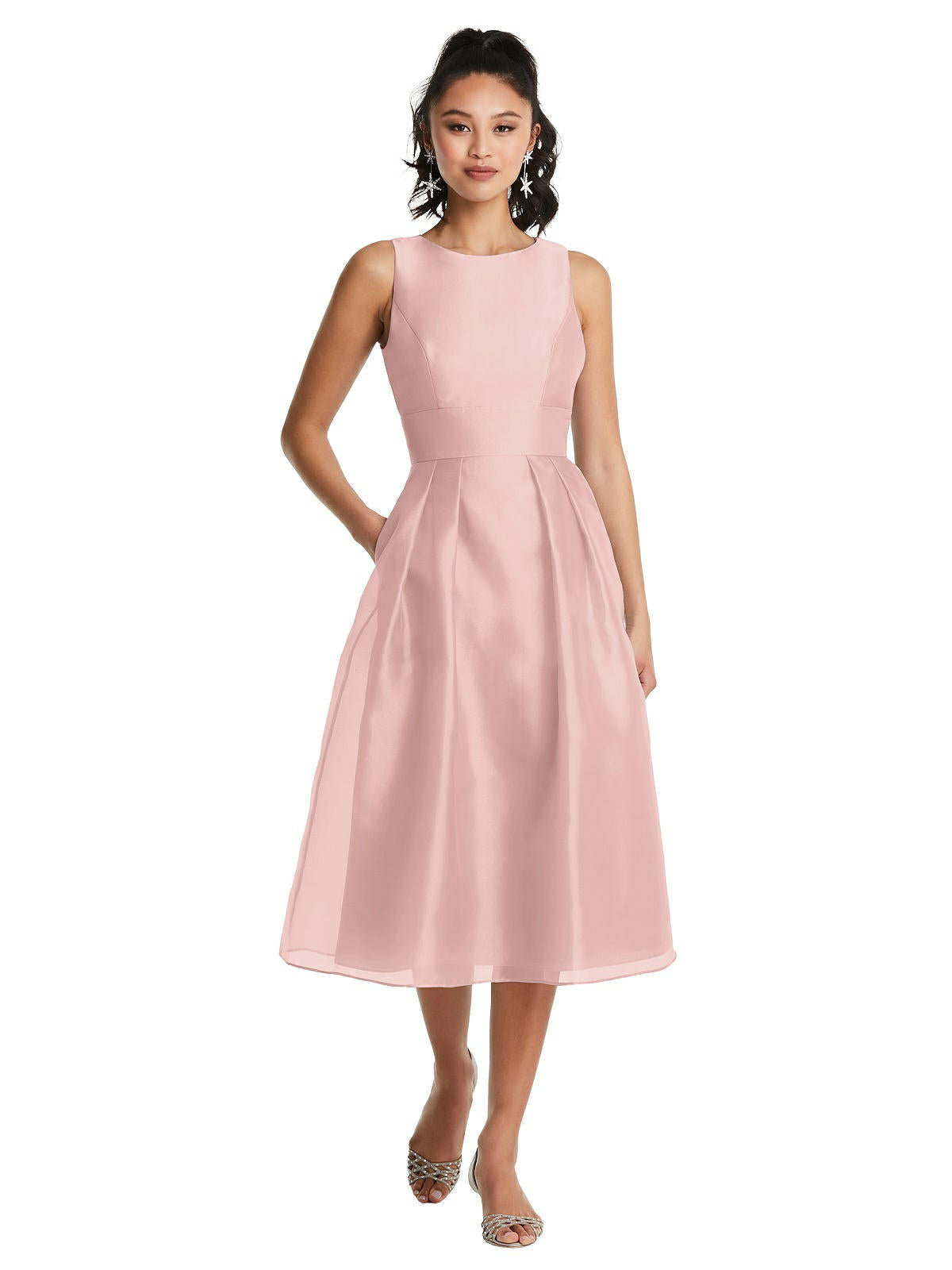 Dessy TH066...Bateau Neck Open-Back Pleated Skirt Midi Dress...Rose...Size 14