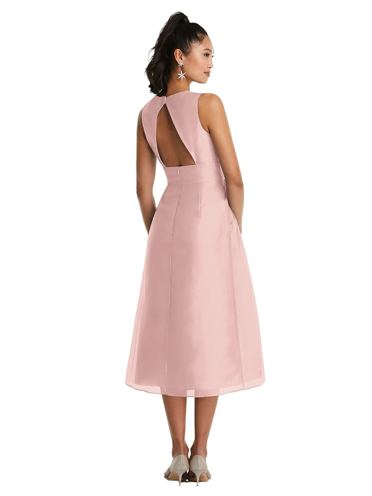 Dessy TH066...Bateau Neck Open-Back Pleated Skirt Midi Dress...Rose...Size 14