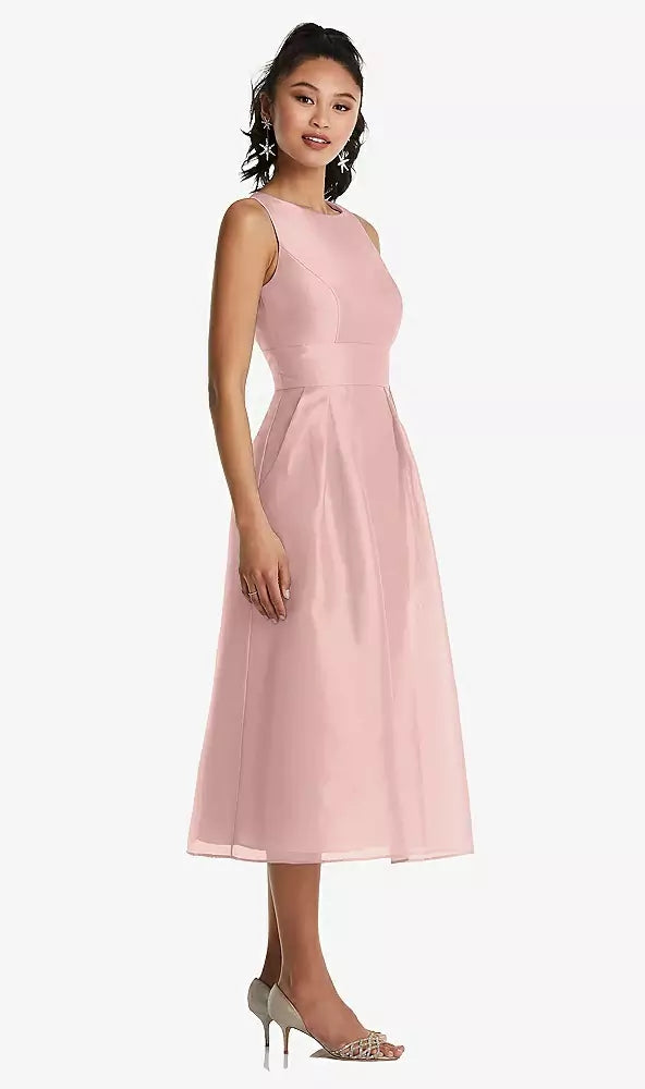 Dessy TH066...Bateau Neck Open-Back Pleated Skirt Midi Dress...Rose...Size 14