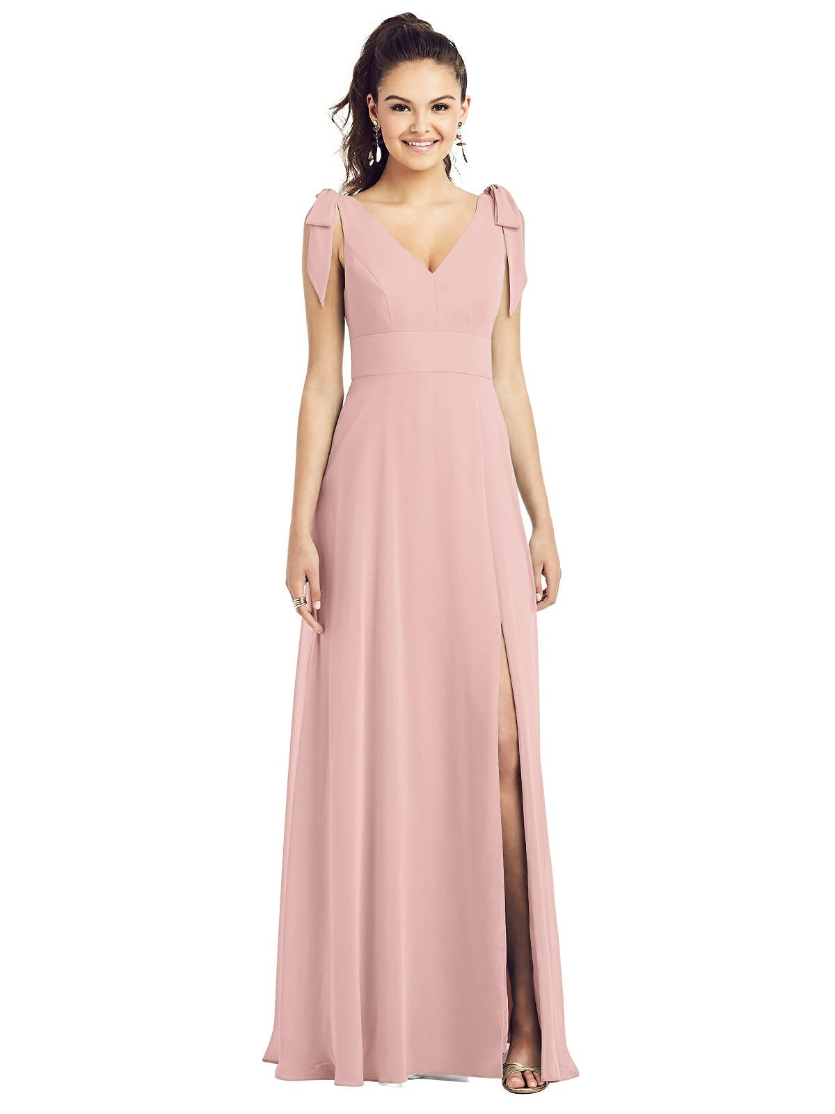 Bow-Shoulder V-Back Chiffon Gown with Front Slit...TH018...Rose....Size 16