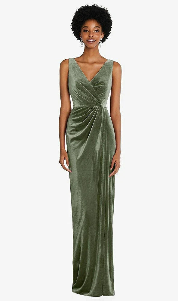 After Six 6861...Draped Skirt Faux Wrap Velvet Maxi Dress...Sage...Size XS