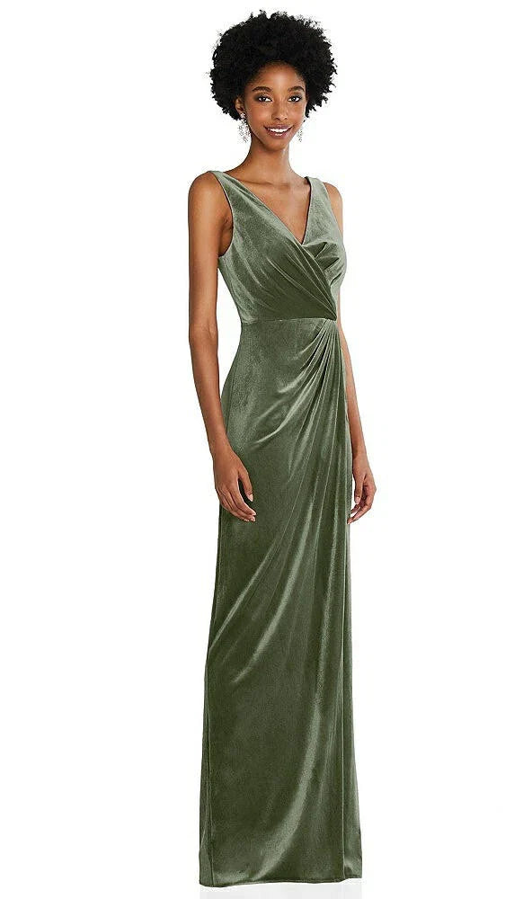 After Six 6861...Draped Skirt Faux Wrap Velvet Maxi Dress...Sage...Size XS